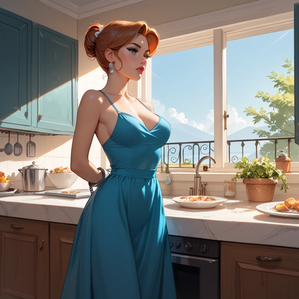 (very slender, thin skinny goddess, incredibly fit, toned body, shredded muscle, wide hips:1.3), huge perky ass, very pale fair white skin, long auburn hair, big green eyes, (high cheekbones, sharp jawline, dimples, most beautiful European woman on earth, detailed face and eyes:1.2), looking at viewer, masterpiece, best quality, shallow depth of field, 8K HDR, huge breasts, 85mm photo, shallow depth of field, tack sharp, solo, 1girl, (face extremely close to camera, downblouse, cleavage:1.2), centred in frame, facing camera, from the front, plump full lips, exaggerated hourglass physique, zero body fat, muscle definition, striations, broad shoulders, deltoids, tiny waist, long lean torso, shredded eight pack abs, obliques, real hands, (extremely seductive, fancy dinner party, dark dining room, tiny sexy turquoise dress, flirty smile, black tattoos:1.2), from below