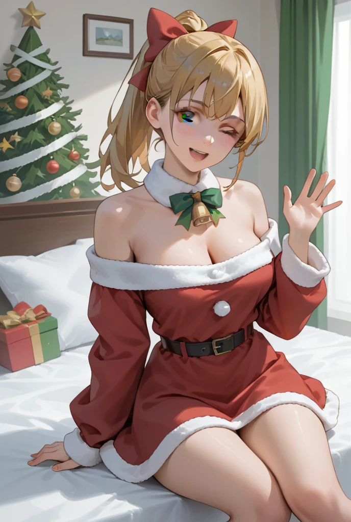 in 8K、top-quality、masterpiece、ultra-detailliert、Ultra-high resolution、1 persons、 girl、natta、darkened room、On the futon、a blond、middlebreasts、santa costume、Santa Claus hat、laying on back、embarrassed from、cleavage of the breast、Clean thighs
