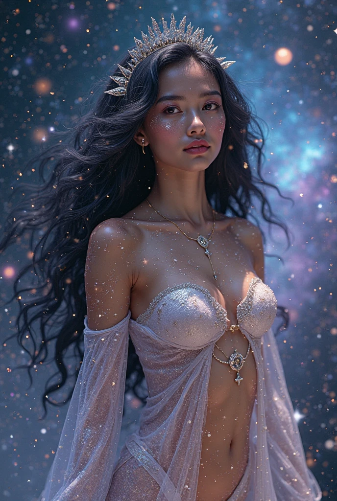 In a realm where galaxies collide and celestial clouds swirl, the ethereal enchantress Grace holds dominion, her ethereal form aglow with the radiant fire of a thousand cosmic furnaces.
Grace's divine visage is framed by a halo of shimmering starlight tresses, each strand woven from the very dust of shattered nebulae. Her tresses billow weightlessly, caressing her lithe form in a sensual dance fueled by stardust. Eyes that blaze like the hearts of long-dead suns bore into any who dare meet their smoldering gaze, promising equal parts rapture and annihilation to those entranced by their molten depths.
The enchantress's celestial garments appear crafted from the shimmering auroras of newly birthed worlds. Diaphanous silks and ethereal chiffons cling hungrily to her curves before flowing away in a breathtaking spiral, mirroring the whorls of distant accretion disks. She is fully clothed, fully clothed, fully clothed, fully clothed, fully clothed, fully clothed. As she moves, stardust swirls in her wake, crowning her as the supreme seductress who rules the celestial spheres.