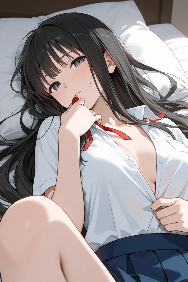(masterpiece: 1.3), (maximum resolution: 1.2), (Ultra HDTV: 1.2), cinematic light, 8K resolution, detailed facial features , (sharp focus: 1.2), (focus on face:1.2),perfect style, beautiful face, acura, anatomically correct, Highly detailed face and skin texture, beautiful eyes,beautiful eyes, thin eyebrows, glitter eyeliner: 1 natural cheeks, Glossy skin, Fair skin: 1.2, (glossy lips: 1.4),、 (embarrassed look: 1.2),Highly detailed face and skin texture, natural cheeks, , glossy lips: 1.4,perfect style、exposed cleavage、(White mucus on chest:1.4)(white mucus on thighs:1.2)、 blush、humiliated look、look of impatience、look of humiliation、embarrassed expression、open your knees、open your legs、 white underwear、white bra、Sparkling small earrings and rosary、disheveled clothes、Exposed panties、sweating、thin underwear、wet underwear、stockings、18-year-old, A neat and clean woman,1 person、 upturned chest, Old bedroom、on the bed、(On my back, ベッドにlying down, ベッドにlying downいる, lying down, white sheets:1.3)、black hair、blonde、silver hair、Blue Ash Eyes、green ash eye,(high school girl uniform:1.4)、masturbation behavior、Blowjob、