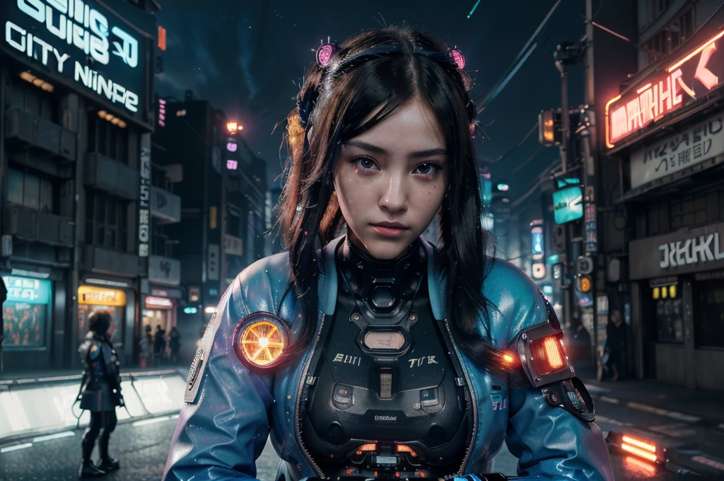 ((Awesome masterpiece anime illustration.)), ((Extremely delicate and beautiful cyber girl)), ((Very detailed and exposed face)), ((Mechanical member, )), (tube connections that attach to the neck:1.2 ), ((mass of wires and cables on the body)), ((wearing colorful Harajuku tech jacket with logo)), (dynamic pose), ((futuristic motorcycle behind the girl)), (((night sky with smog))),((masterpiece)), (((Best quality))), ((ultra detailed)), (Highly detailed photorealistic CG illustration), cinematic lighting, Science fiction, extremely detailed, colorful, higher detail, (((cyberpunk city background, dark and neon lights shining on the girl (Bladebuster), harajuku district))), (((8k))). NSFW