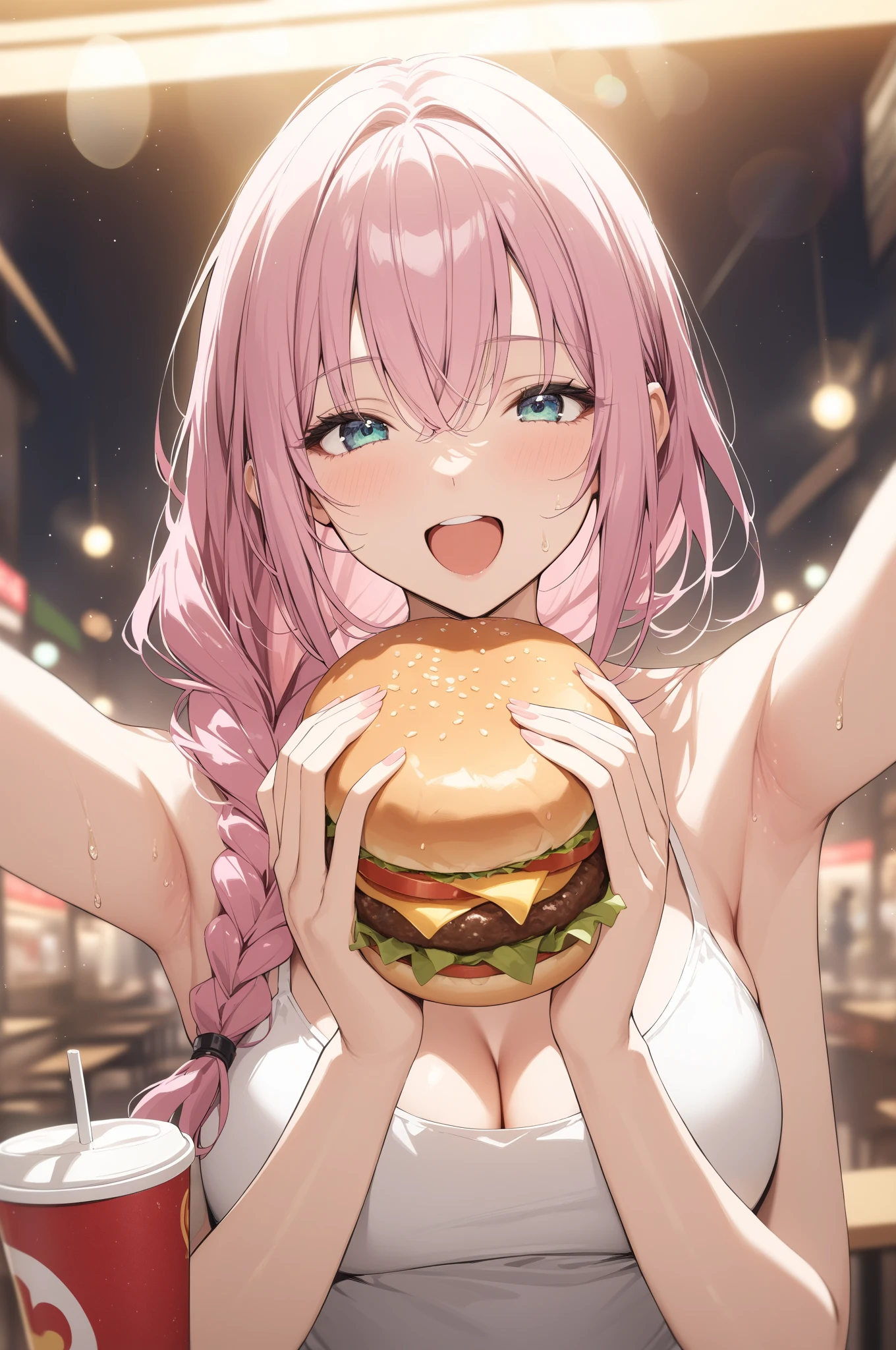 anime girl in a bikini eating a hamburger in a restaurant, anime food, still from tv anime, seductive anime girl, anime visual of a cute girl, hololive, eating burgers, rin, anime moe artstyle, eating a burger, serving burgers, ecchi anime style, slice of life anime, the anime girl is crouching, anime best girl, oppai