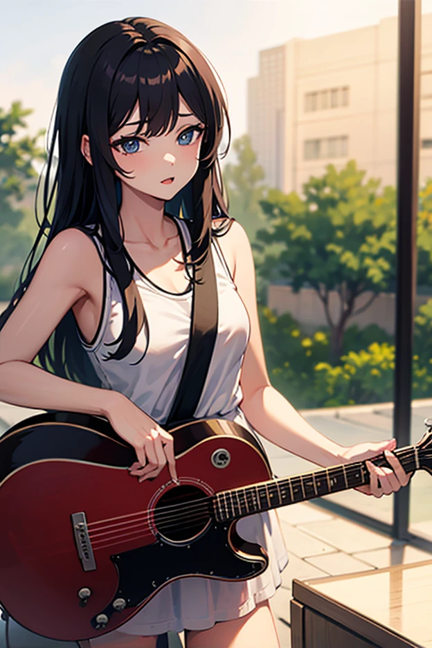 最high quality、Best image quality、masterpiece、girl((18-year-old、 By becoming、Best Bust、Medium Bust,Wide open breast tea、Red glowing eyes,Black Hair、Red Mesh、Disheveled Hair、Lointail、thin,The highest valley、Open chest、Luminous Wristbands、hair ornaments、Show the whole body,Black short sleeve T-shirt、Short denim trousers、Leaning forward、smile、Holding a guitar、Performance、sing)),high quality、Beautiful art、background((Large shopping malls,Square))、Flight、Flying debris、Written boundary depth、movie、Visual Arts、Perfect art、8K,Genuine,