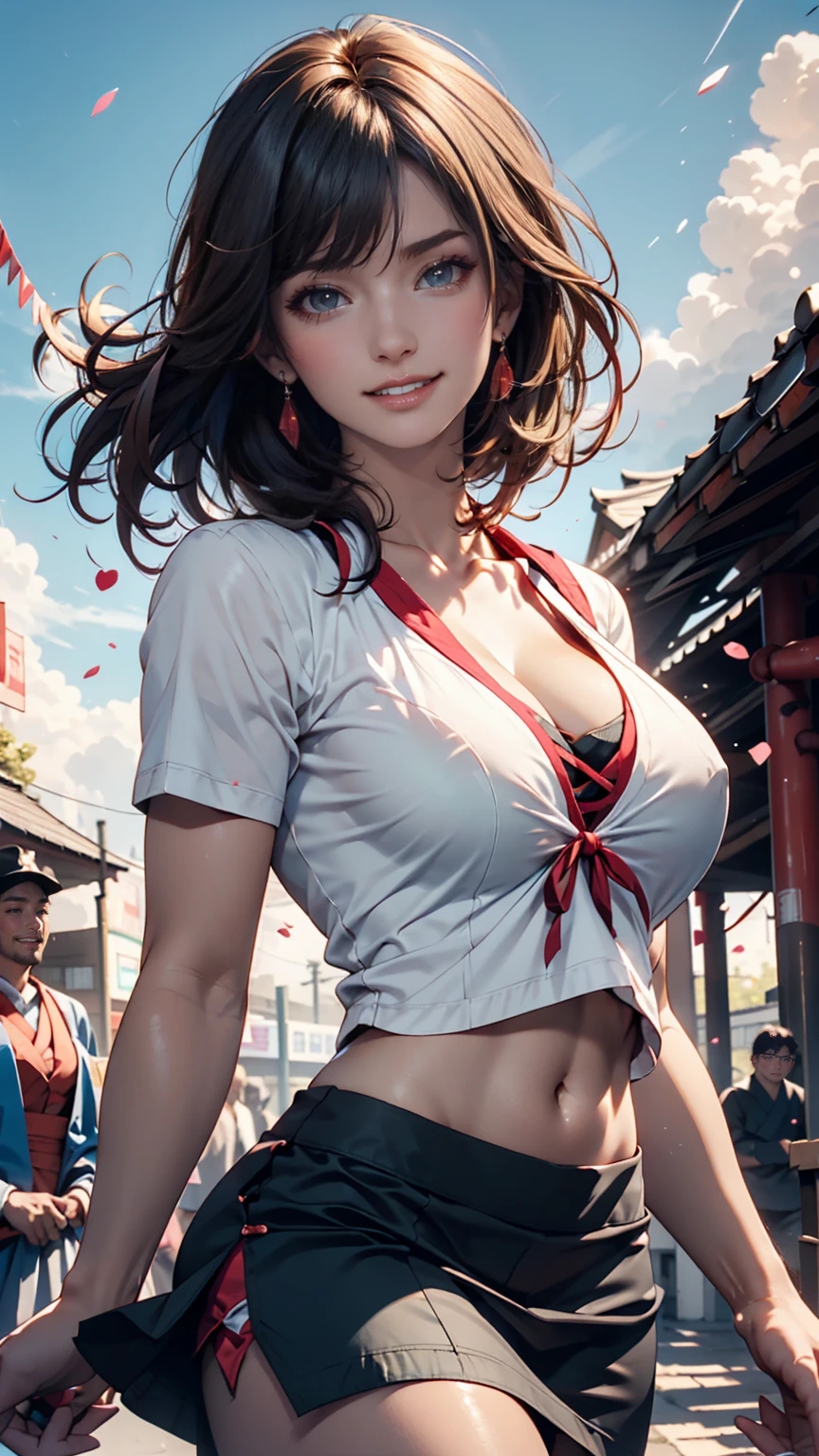 8K, raw photo, high quality, high detail, super high resolution, (photorealistic: 1.4), masterpiece, (amazing proportions: 1.6), (10 head body: 1.3), long legs, beautiful legs, tall height, super model, (Beautiful breasts:1.4), (huge breasts:1.4), cleavage, 1 girl, attractive and slender body, A beautiful and charming cheerleader girl with a slender body, long wavy ponytail hair, wearing a vivid red and white cheerleader outfit with crop top and short pleated skirt, white sneakers with pom poms, radiating vibrant energy and joy, both hands raised cheerfully, facial expression full of life with sparkling eyes and rosy cheeks, in an outdoor sports field setting with green grass and track, surrounded by trees and blue sky with few clouds in the distance, with a crowd of cheering young people in the background, everything bathed in warm sunlight, Extremely detailed 8k render, photorealistic, Very detailed face, very detailed and beautiful pupils, detailed eyelashes, beautiful nose bridge,(Pointed nipples:1.2), camel toe, healthy eroticism, (thin fabric with high transparency: 1.4), nsfw