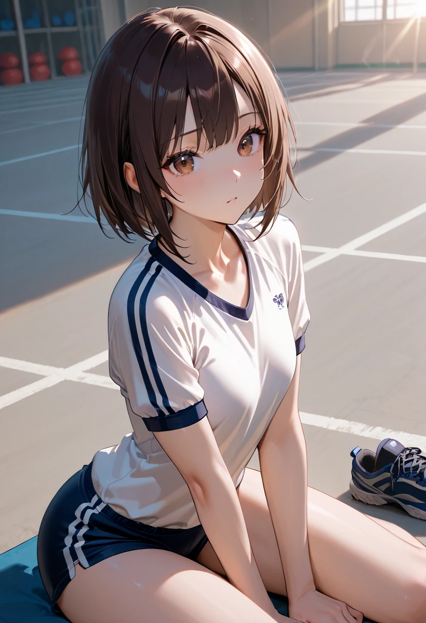 score_9,score_8_up,score_7_up,masterpiece,best quality, source anime, realistic, super detailed, extreme detailed, rating_safe,
1girl, sitting, hugging own legs,
BREAK girl, 22yo, short hair, bob cut, (blunt bangs), black hair, (tareme, detailed cute brown eyes), curled eyelashes, (large breasts:0.9),
shiny hair, beautiful detailed eyes, beautiful face,
slender, small ass, slim legs,
school gym clothes, buruma, panty peek, smile,
outdoors, school playground, summer, sunlight