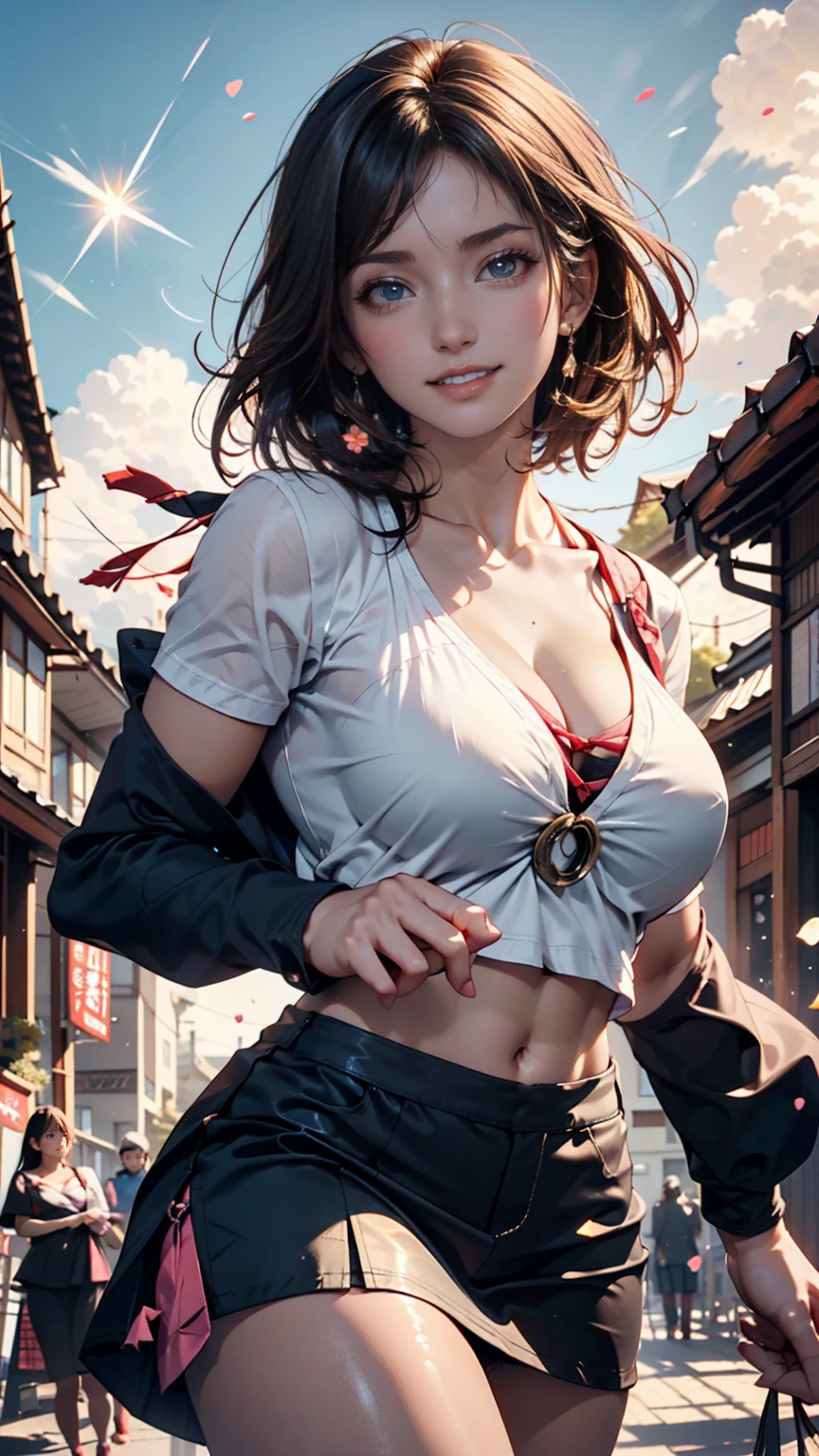 24-year-old woman、Sexy proportions、Long eyelashes、24-year-old female、Sexy proportions、Sexy breasts、Narrow waist、Long eyelashes、Cleavage Emphasis、Pixie Cut Hair((pixie cut))、Front cutout((front cutout))、Mini length flared skirt((flare skirt))、Stiletto heels、San Francisco, USA、Sea View Hill、blue sky、Sunshine
