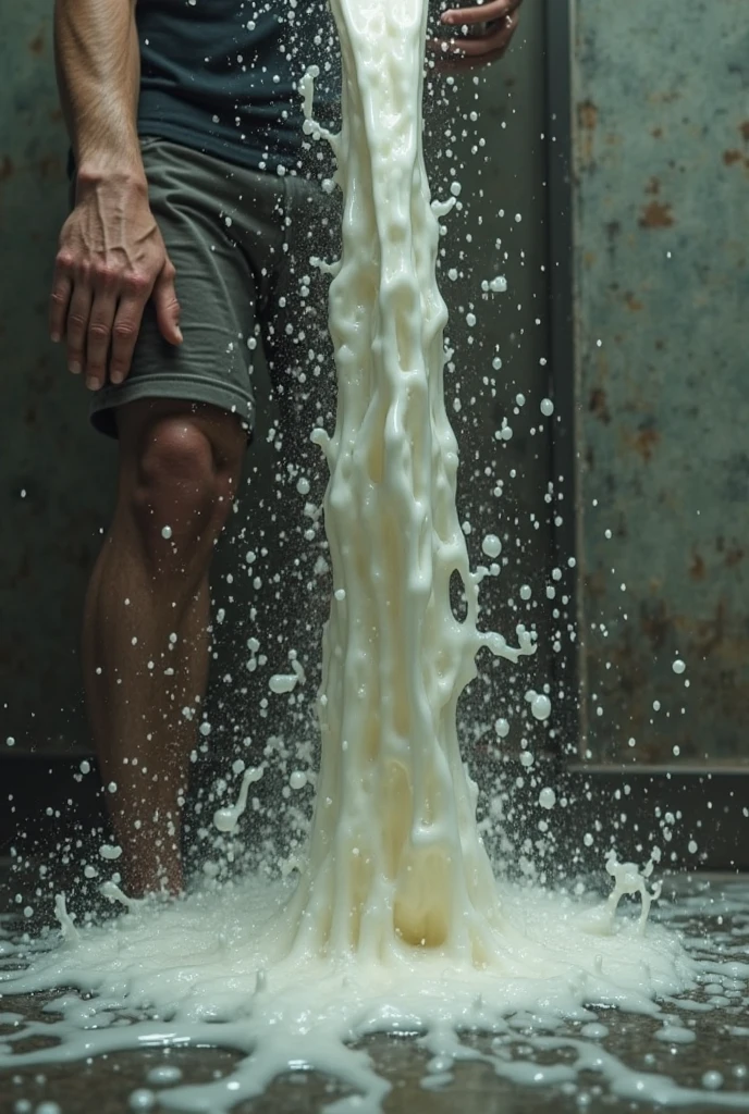 Man with erect penis masturbating and cumming in bucket of milk