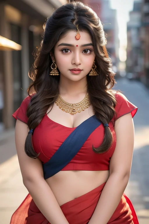 Outdoor image of 21yo in school school photo in school masterpiece, (photorealistic:1.7), best quality, beautiful lighting, Eleanor Latino Woman 20 years Old , high Bun long extreme curly hair Lifts ,wearing Indian saree. Round face, closeup view , big round breast with bra
