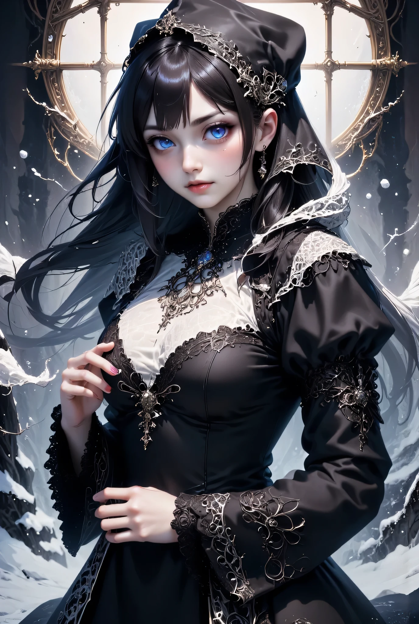 A hauntingly beautiful gothic woman with piercing, glowing eyes and dark makeup, standing in a mysterious, snowy landscape. She wears an intricate black lace hooded cloak, with strands of dark hair flowing wildly in the cold wind. Her pale, freckled skin contrasts sharply with her dark lipstick and dramatic eye makeup. Her fingers, adorned with delicate lace gloves and ornate silver rings, rest elegantly on her chest. The scene is enveloped in an ethereal glow, with snowflakes drifting through the air, adding to the dark and mystical atmosphere. High detail, monochrome color scheme, cinematic lighting, gothic fantasy art style.