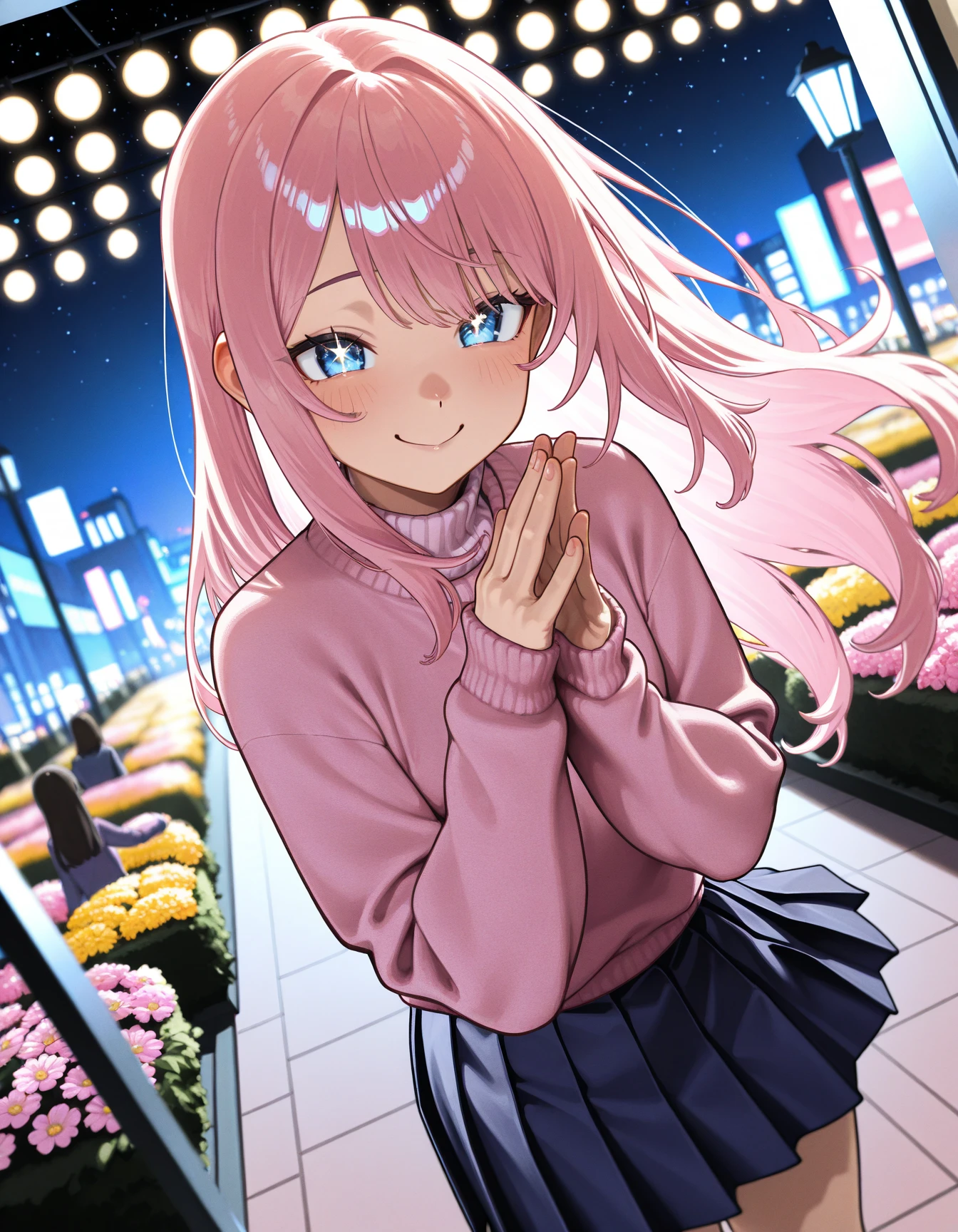cute little、girl with、cowboy shot、Pink hair、The long-haired、animesque、oblique、校服、a miniskirt、Beige sweater、pretty pose、model posing、a smile