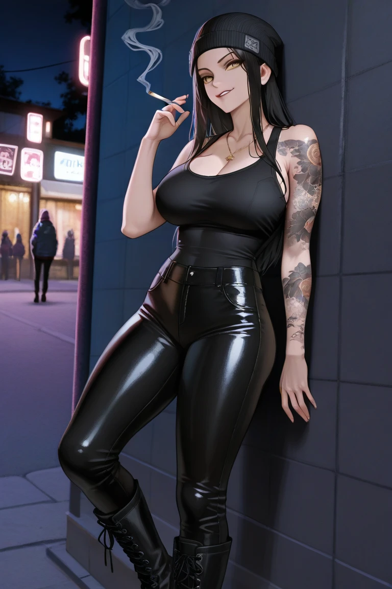 1girl, alone, a 28-year-old woman, Narrow Hips, Heart Face, perfect eyes, Pale Skin, Black hair with purple highlights, Purple Eyes, Snub Nose, Pouty Lips, Prominent Chin, Long Hair, Wavy Hair, big breasts, purple lipstick, ((Wearing: Black opened jacket, Strapless leather top, tight black pants, belt and leather boots:1.2)), cleavage, midriff, she's looking at the camera with an inexpressive look,  she's smoking a cigarette, Graffiti Alley, Trash Can, she's leaning up against a wall.
