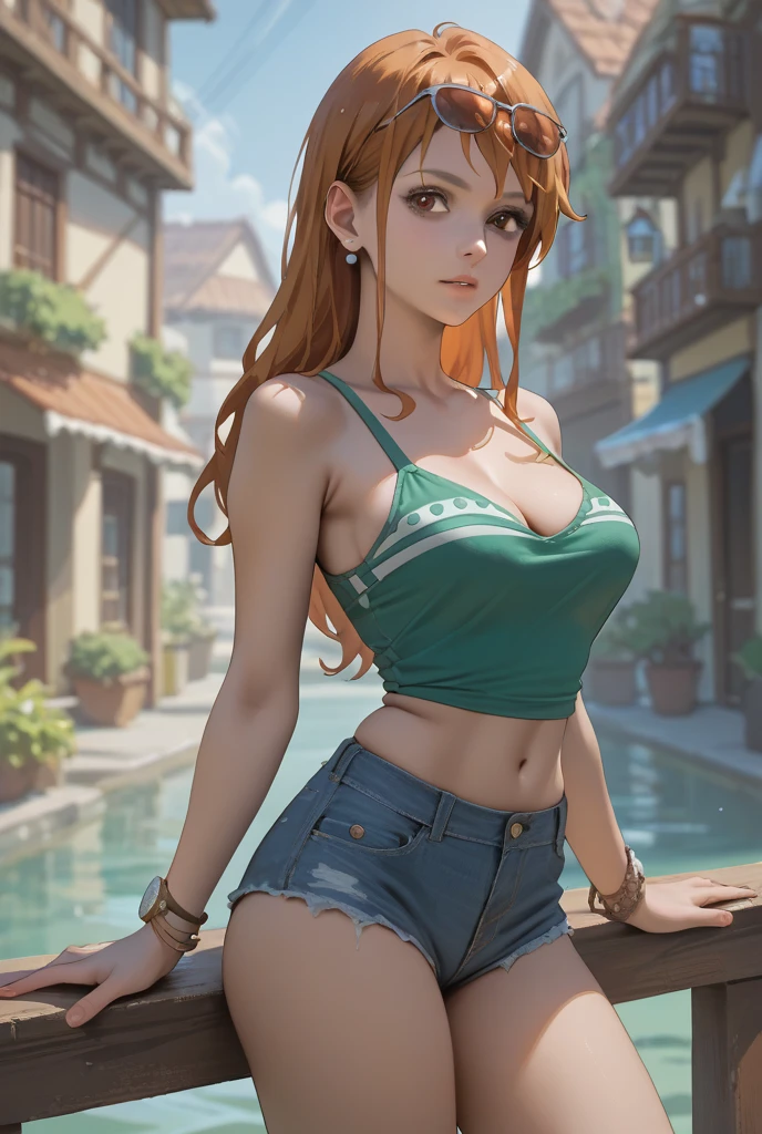 16 years old , Finnish, blonde, Long Hair, Large Breasts, Big eyes, Long legs, Thigh close-up, Little green bikini, Cleavage, Blue Denim Shorts, Heeled Sandals, Park Background, Crossing the Lake Forest Bridge, wood, Cherry Blossom, sunrise, light through fabric, (Realistic, photoRealistic: 1.37), Specular, Ray Tracing, High resolution、Second dimension beautiful girl、Facing forward、Sexy look、smile、Perfect proportions
