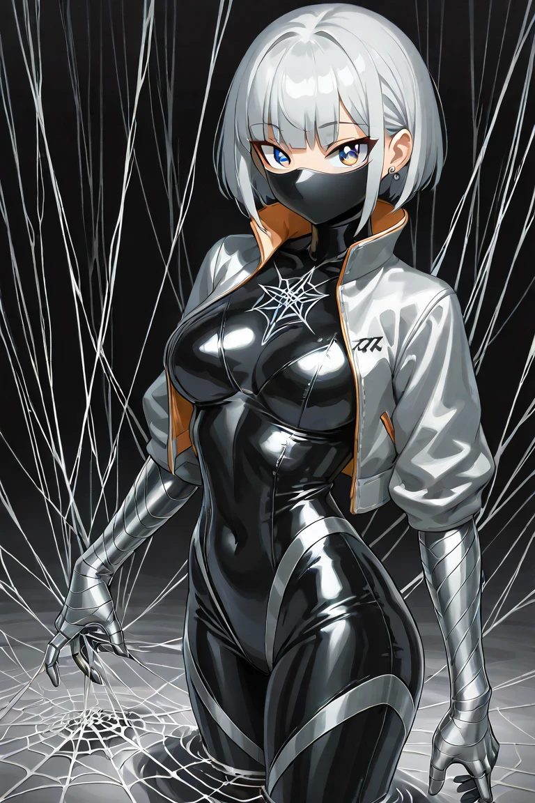 A young beautiful barefoot woman with white dyed hair in a high bun wearing a matte black skintight fullbodysuit and a black facemask.