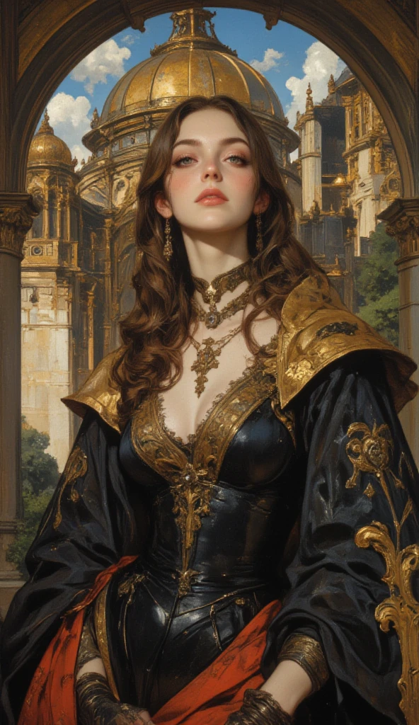 (masterpiece, best_quality, ultra-detailed, immaculate:1.3), epic, illustration, welcoming, ((1girl)), witch, dark red hair, Tapered Cut, casting spell, in an overgrown classroom, in a castle, bombshell hair, swept bangs, High Ponytail, goddess, gold, freckles, pale skin, casting a spell from her chest