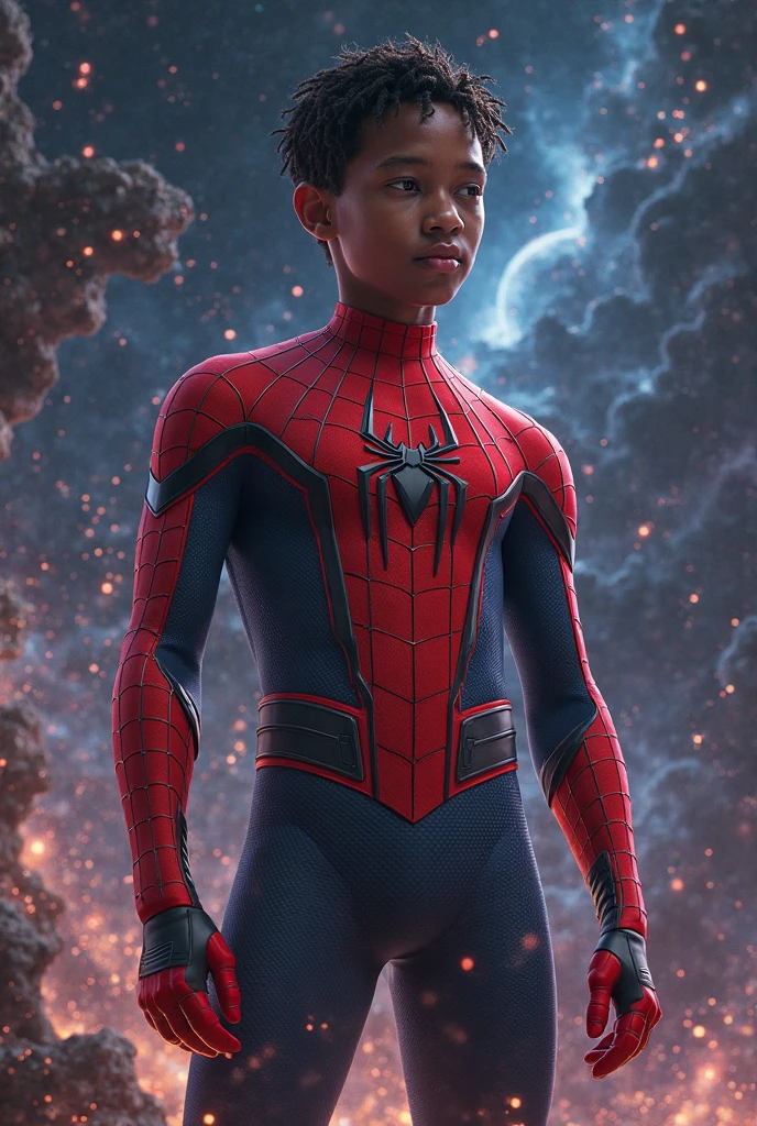Caleb McLaughlin in detailed brown Spider-Man costume,, superhero pose, standing in ruined city at sunset, hyperdetailed, smoke, sparks, sun rays, (8k), realistic, symmetrical, award-winning, cinematic lightning, soaked, film, 75mm, scratches, full body photo, close-up, torn and dirty clothes, detailed face,