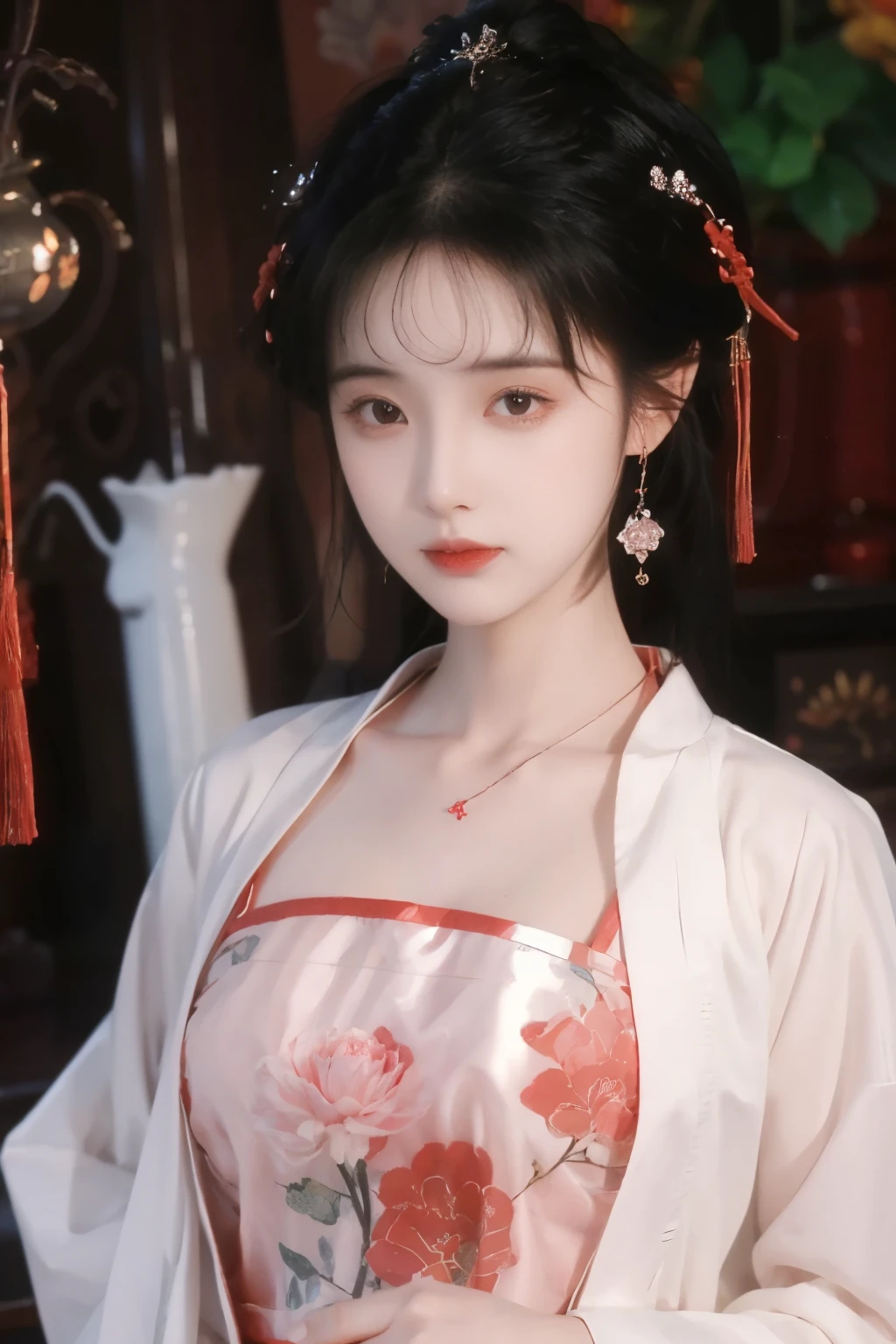 ( masterpiece, Top Quality, best quality, official art, beautiful and aesthetic:1.2), (1 Girl:1.3), flat chest, extremely detailed,(Fractal Art:1.1),(Flowers:1.3),Highest Detail,(dynamic pose), (background:1.3), (Chinese traditional pink and white clothing:1.2), (shiny skin) ,(earrings:1.1),