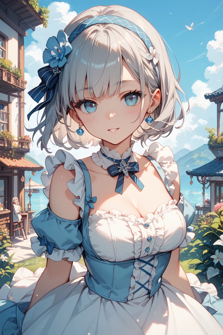 masterpiece, (best quality:1.4), detailed, girl, (solo), (white hair:1.2), (medium hair:1.3), (sidelocks:1.1), (bangs:1.1), (large breast:1.3), hair ornament, (aqua eyes:1.2), (smile:1.2), flower on head, upper body, (dress:1.0), (laced dress:1.2), (looking at viewer:1.2), lace, detailed eyes, detailed hair, highres, outdoor, (flowers:1.1), sky, (lighting:1.2), high details