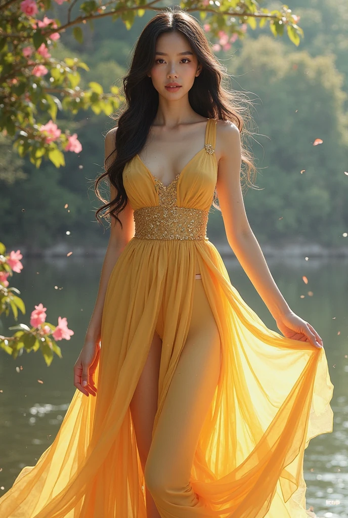 8k, masterpiece, RAW photo, best quality, photorealistic, extremely detailed CG unity 8k wallpaper, Depth of field, Cinematic Light, Lens Flare, Ray tracing, (extremely beautiful face, beautiful lips, beautiful eyes), intricate detail face, ((ultra detailed skin)) 1girl, in the dark, deep shadow, pretty Asian girl, idol, 1 girl, (very slim slender fit-muscled body:1.3), ((looking at viewer)),((big smile:1.3)), Women Summer Buffing Sleeve Off Shoulder Mini Dress a Line Flowy Swing Dress, lime green, verde claro, cetim, Este, vestido de cetim, organza silk, ((Standing in front of Guava Fruits trees)), ((too many Guava Fruits in trees)), ((Perfect yellow Guava Fruits))