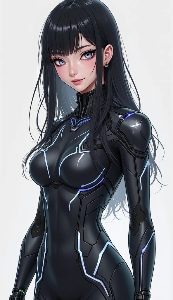 (Upper part of the body), (realist, [cheered up]), (3D:0.3), dramatic lighting, ((masterpiece)),(quality),(High resolution), void star high lady, [[covered abs]], ((x ray power armor|mono lined|white power armor) mechanical arms), long black hair trimmed, [evil smile], small breasts, Covered navel, eyeliner, eyelashes, perfect face, Beautiful nose, detailed student, pretty eyes, detailed eyes, Brown eyes, perfect lips, a pose on the monitor, simple background, [Boku no Hero Academia], (sets:1) ,  