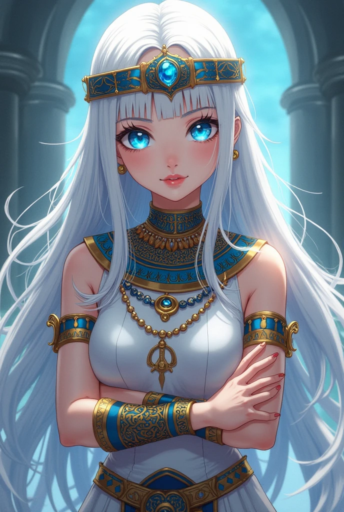 a realistic anime style Egyptian girl, beautiful blue eyes and white hair, highly detailed intricate details best quality