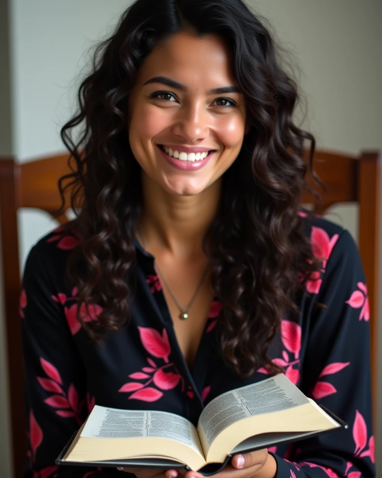 Brunette girl, wavy black hair, tanned dark skin, wearing a low-cut blouse from a famous designer, she must be facing the observer, she shows the camera the cover of a book all white, she has a beautiful smile, Brazilian woman around 25 years old, shows her from the waist up,