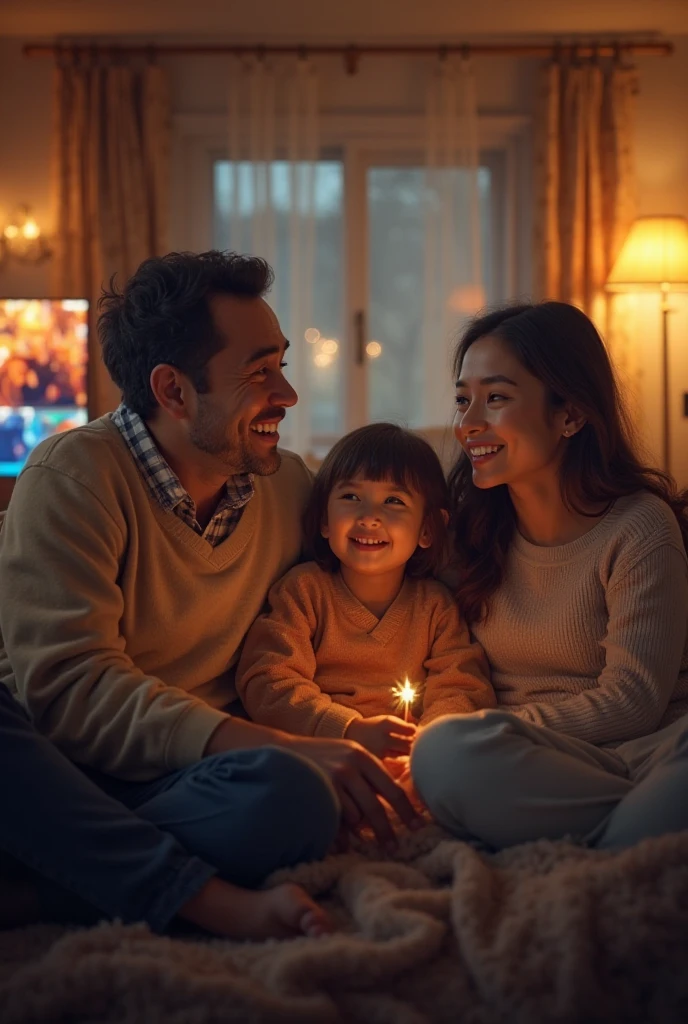 A family in a room dinner in the floor of the room .with happy smile with neon white and light pink .with a small dog