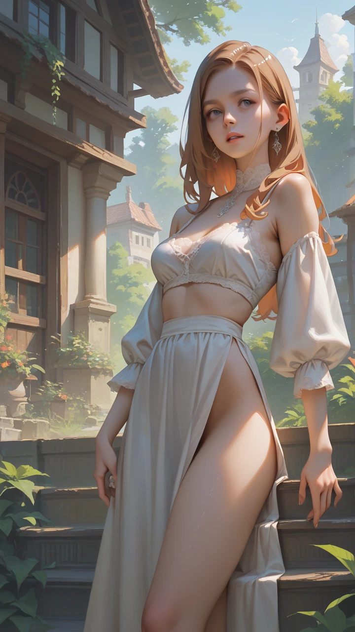 ((Masterpiece)), ((best quality)), (Professional Photography:1.2), (High Definition:1.3), (12 years old), (Glossy skin), full body, 8K, cinematic lighting, (Exposed naked nipples:1.3), Beautiful stomach, (shy), Standing on Decaying ruins, Very messy medium hair, bare arm, (ragged towel covers only the naked waist:1.5), ((naked Slender body)), ((flat chest)), Textured skin, Cat ears, Pale brown hair, Cute teenage young Girl, Beautiful ruins covered with many flowers, (the Decaying ancient ruins cityscape),