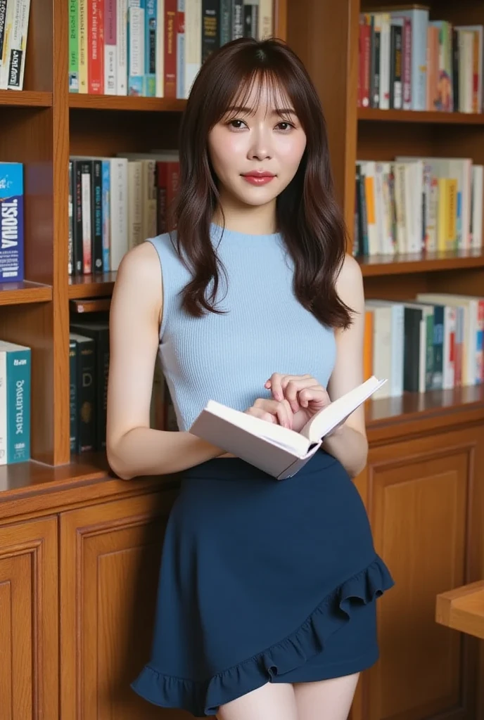 (8k, RAW photo, best quality, masterpiece:1.2), (realistic, photo-realistic:1.4), (extremely detailed 8k wallpaper),korean 20 age woman, The image captures her surrounded by shelves of books, emphasizing her intellectual curiosity and the quaint charm of the bookstore,cute face,A woman who looks good with a smile,bewitching hair,reading a book happily,(sexy costume),One-shoulder dress,A smile that invites others,long hair,clothes are exposed
