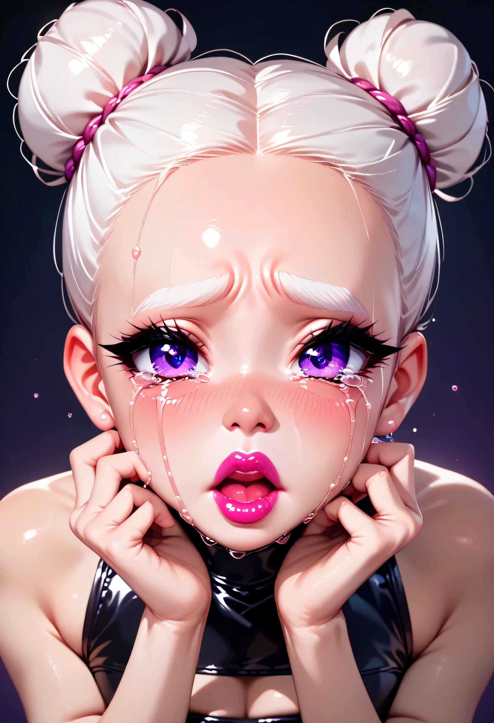 (1girl), (perfect face), ((white bun hair)), (forehead), ((white natural eyebrows)), (((purple eyes, crying eyes))), (((black eyeliners))), (pink blush), ((nose, thick lipstick, open mouth)), (beautiful girl), (((looking at viewer))), (crop top), ((sad face)), (hands up)