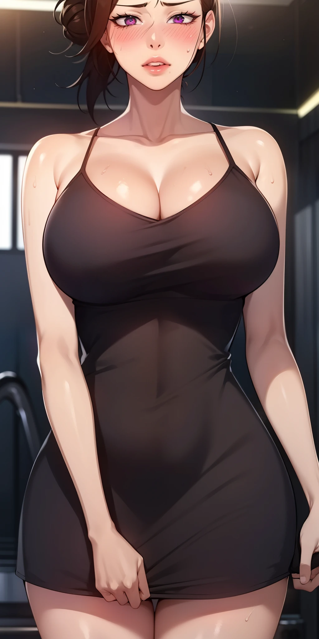 masterpiece:1.5, best quality:1.5, aesthetic, 1girl, sidelocks, cinematic lighting, sharp focus,large breasts , mature female, horny ,16k, glowing eyes, detailed 4k eyes,
playground,seduction,sexy lips, parted lips,detailed lips, high detailed background,((big purple eyes)), detailed face,shiny skin,
auntjunev3,auntjune,,hair bun, bangs, messy hair
, brown hair, large breasts, brown eyes, mature female, blush, sligh cleavage, medium breasts, wearing school short tight dress, sweating very sweating, masterpiece, best quality, high detailed, desire, blush, perfect hands, blush, shy, tight gap,