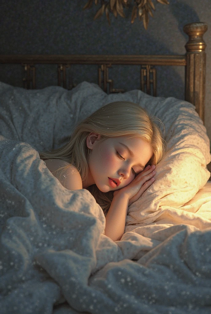 Masterpiece, anime girl,Top Quality, Super Detail, 8K, Detailed Light, Detailed Shadows, RAW, (Detailed Skin), (Real: 1.2),, 1 Nordic girl, face, (9 years old), white hair, sleeping on a plush bed, night dress