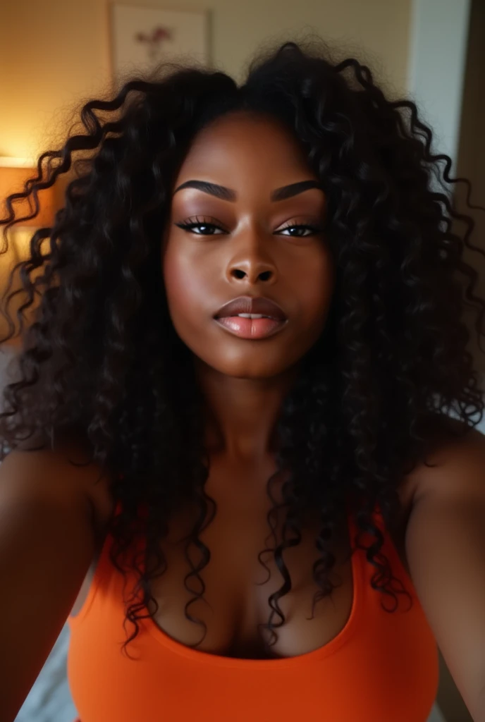 black girl like in the image with brown skin and large breasts. Beautiful flowing hair, glossy lips, seductive look.