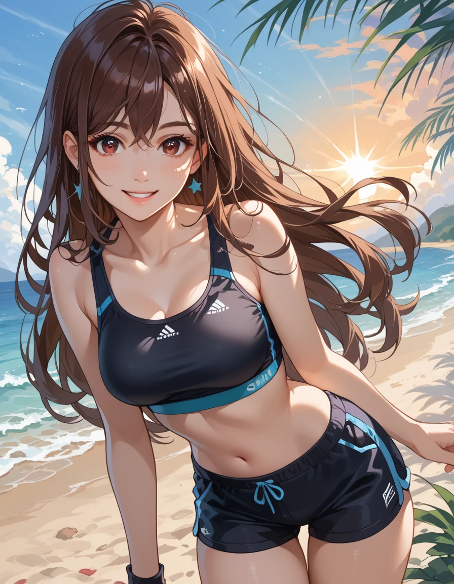Highest quality、Realistic、girl、zoom、Bright Blue Eyes、Long Hair、Light blue swimsuit、Tanned black body、A well-trained body、logic、Abdominal logics、athlete、Brown black skin、thin、Sweat。smile、Summer Sea、Bust Shot
