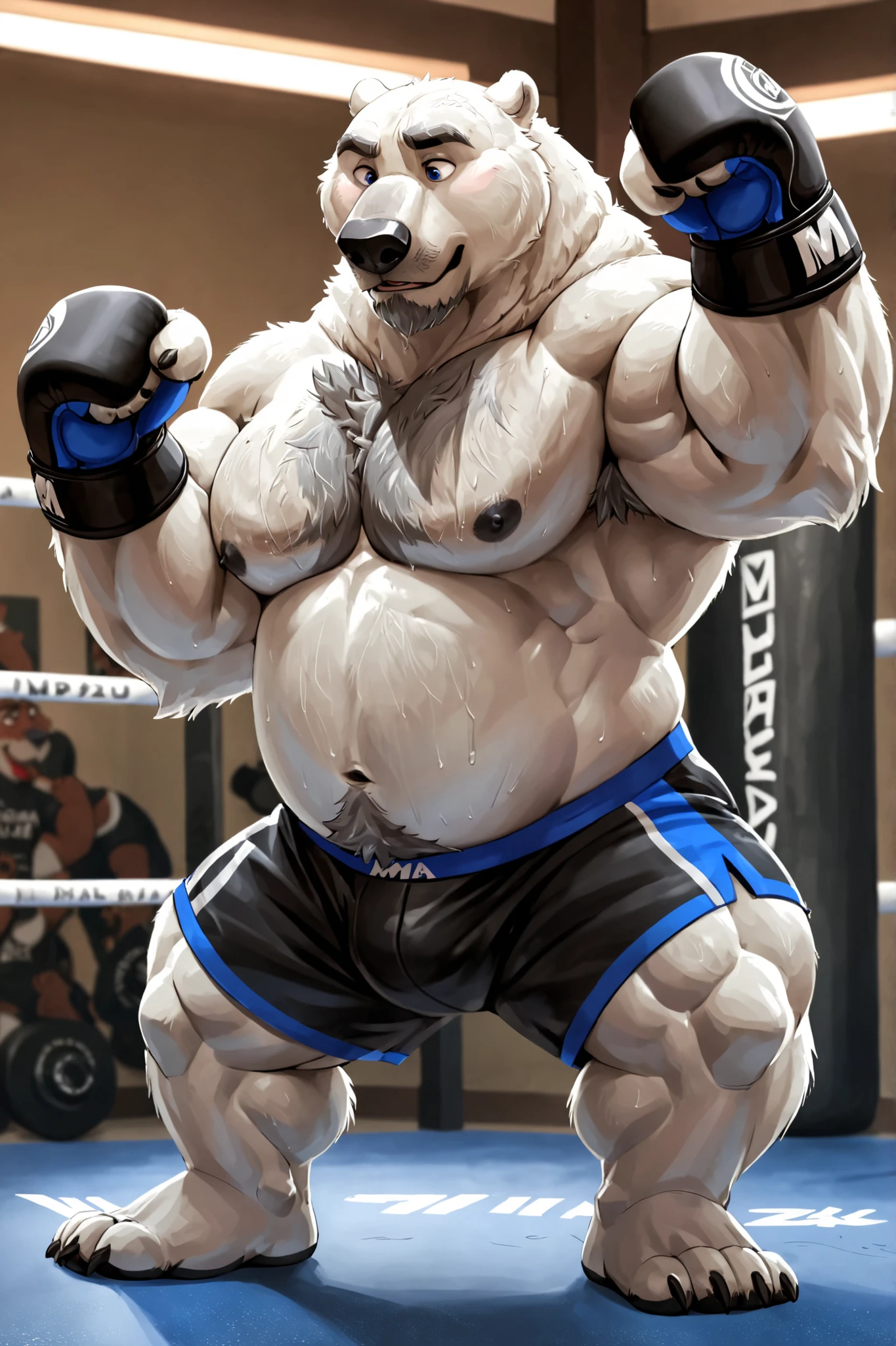 Brock Ólafsson The Huge Muscled Polar Bear, with White Hair, Shirtless, Topless, Black Wristbands and Black Gym Shorts, Flexing His Thorax.