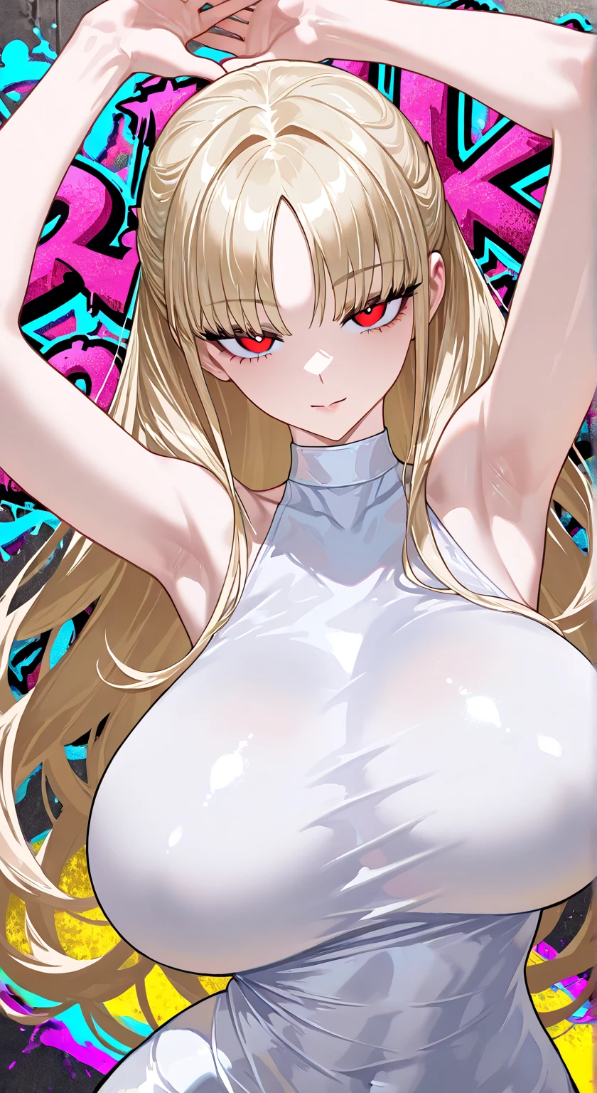 ((a photorealistic glamour shot of an exquisite, glamour mecha female vampire: 1.5)), ((full body: 1.3)), ultra feminine, pale face, golden hair, long vibrant shiny hair, glamorous hair,  red eyes, miniatures mechanical , deep penetrating eyes, red lips, lustful lips, ((two visible vampiric fangs: 1.5), drops of blood dripping from the mouth, ((cyberpunk style: 1.5)), she wears (white elegant glamour dress, with small delicate mechanical parts: 1.4), digital parts,  intricate details, the dress is studded with diamonds, tight suit, dynamic color, high heels, cyberpunk street at night background, (highest quality:1.2, Very detailed, up to date, Vibrant, Ultra-high resolution, High Contrast, masterpiece:1.2, highest quality, Best aesthetics), best details, best quality, highres, ultra wide angle, 16k, [ultra detailed], masterpiece, best quality, (extremely detailed), Genetically modified..., Cinematic Hollywood Film, nijimecha, aetherpunkai