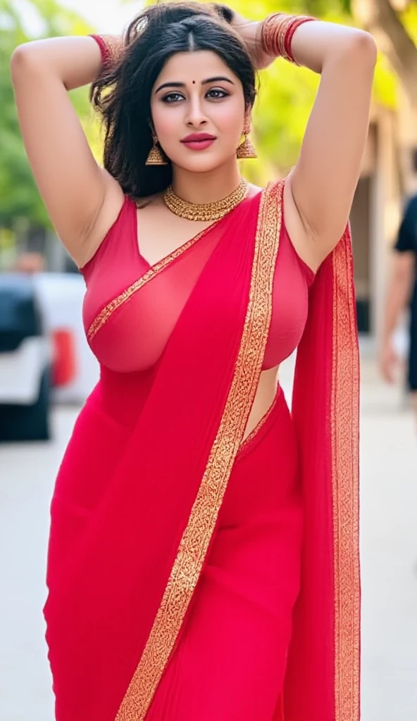 Jaya Prada 24 years old beautiful different face cute sexy Indian girl, curvy body, beautiful different colorful t-shirt in covered luxury Banarasi design Bengali style saree, c-cup tight big breast, different side bun hairstyle, bright eyes, thin eyebrows, fair skin, blushing cheeks, head to thigh view, smiling face, Kamasutra expression, Straight front standing beautiful different Indian most popular place background, ultra realistic, head to thigh view, black hair, Provocative eye Contact, glossy lips