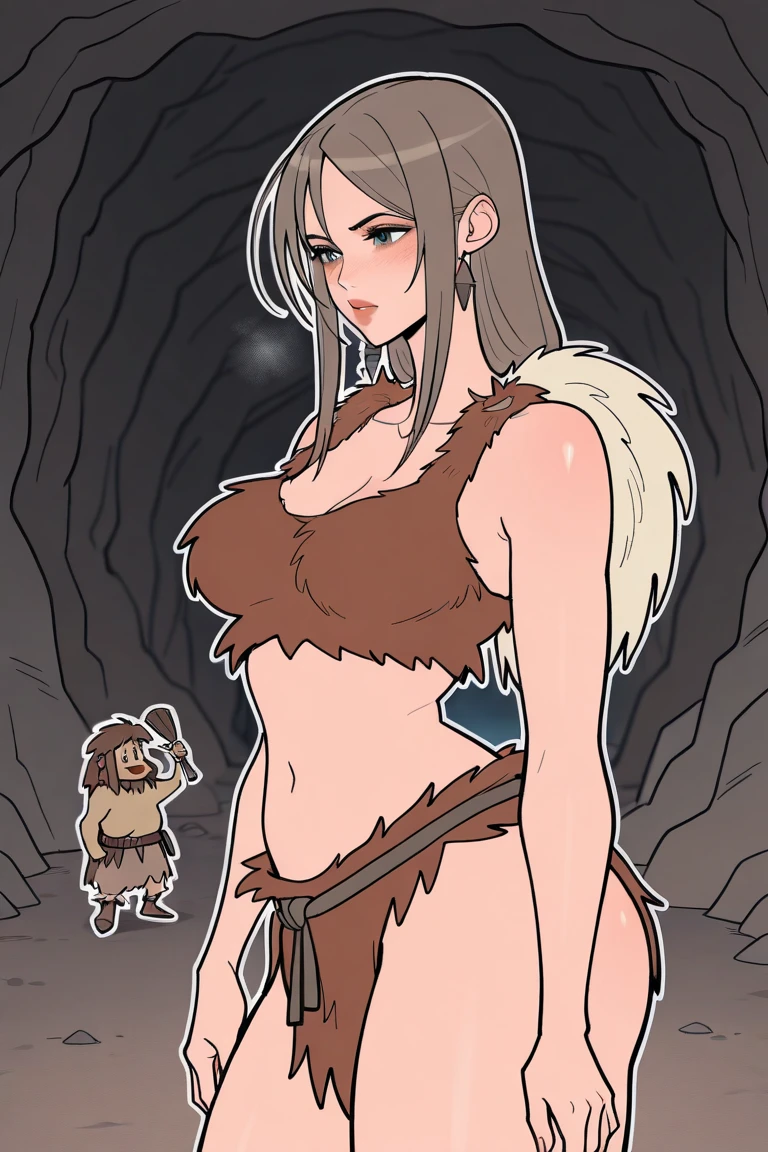 2D Cartoon style drawing, cave woman, front view, full body