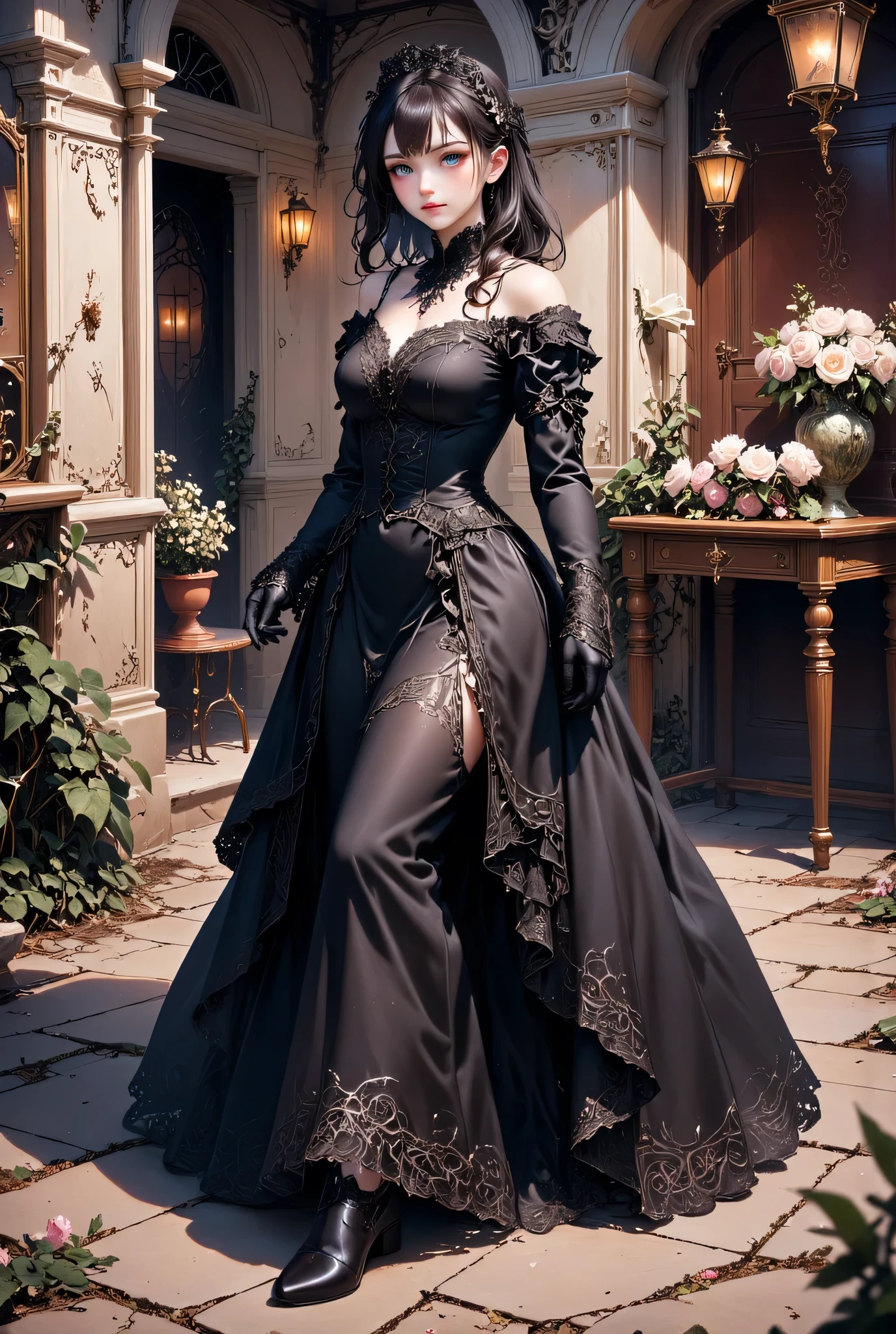 A stunning gothic woman in an elegant, flowing black ball gown stands gracefully in a decayed yet romantic courtyard. She gazes to the side, her dark hair styled in a messy yet elegant. Her dress is adorned with delicate lace and off-the-shoulder details, evoking Victorian elegance. She wears long black gloves, adding a touch of sophistication. The surrounding architecture is old and weathered, with cracked walls and faded paint, yet adorned with soft, golden lighting from an ornate lantern above. The floor is made of aged stone, with scattered petals and dried leaves. A wooden table with vintage vases and pale roses sits in the background, enhancing the atmosphere of beauty and melancholy. The scene is painterly, with a romantic, gothic aesthetic, using soft light and shadows to create depth. Highly detailed, with a dreamy and mysterious atmosphere.
