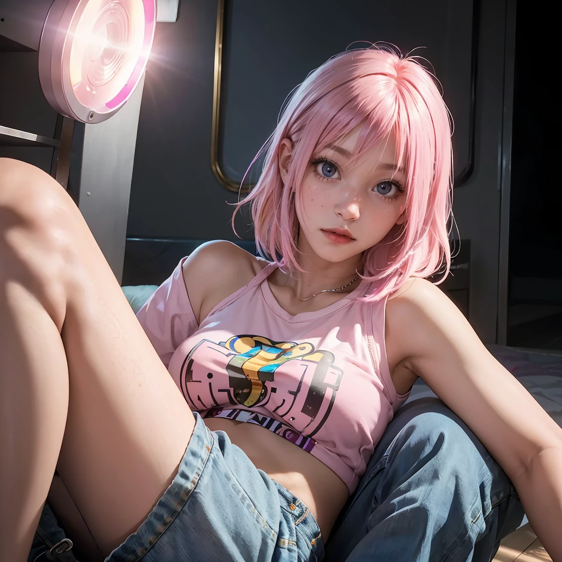 (National Foundation),professional women photography, On the table, Large target, 1 woman, Artistic Background、flirt, from above, (sweat bracelet: 1.3), Blurred Background, Beautiful photos of women in Lilliput, ((Pink gangster style)), panty shot,Open front end, skirt, ((pink hoodie, peach-colored hair)), Practical, Beautiful lips, Brown eyes, Pink plaid pleated skirt, highest quality, Ultra Detailed, naughty angle, long eyes, mature beautiful face, Seductive eyes, Backlighting,
