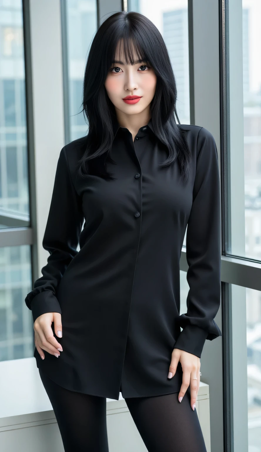 Best quality, Full body portrait, Delicate face, Pretty face, 60-year-old woman, Slim figure, Large bust, office lady uniform, office clothes, in class room, wears glasses, Standing position