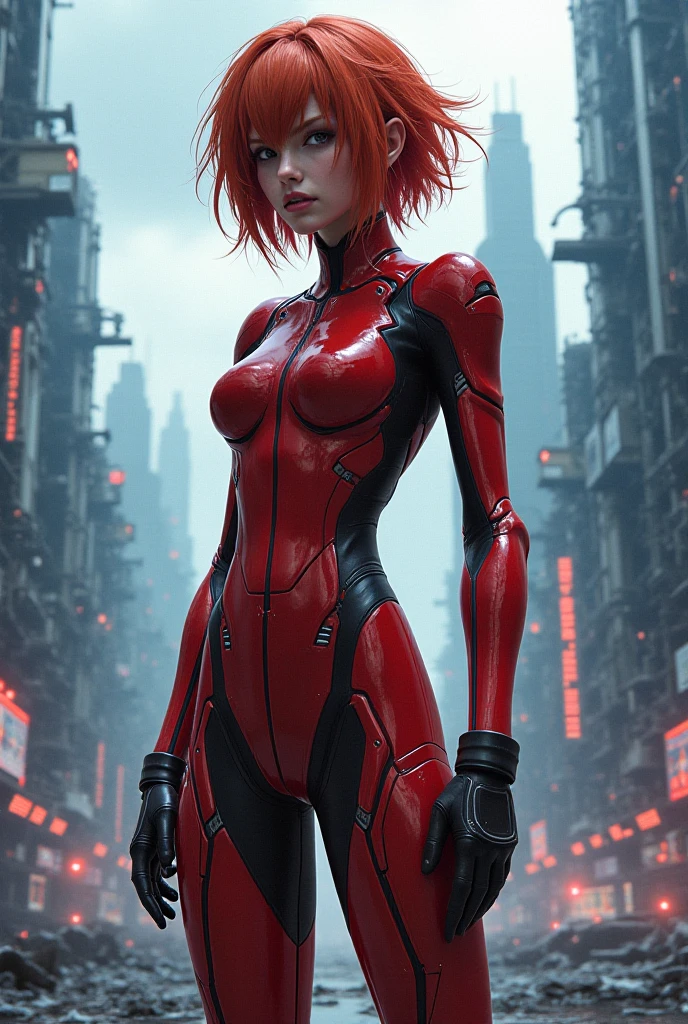 Robotic redhead woman destroyed city Super realistic well detailed