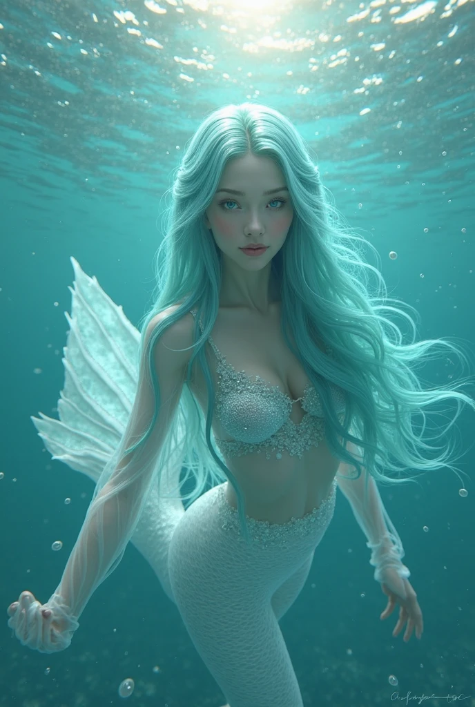 A mermaid swimming underwater. digital illustation, lindos cabelos loiros longos e rosto angelical, 16k, Very high quality rendering,