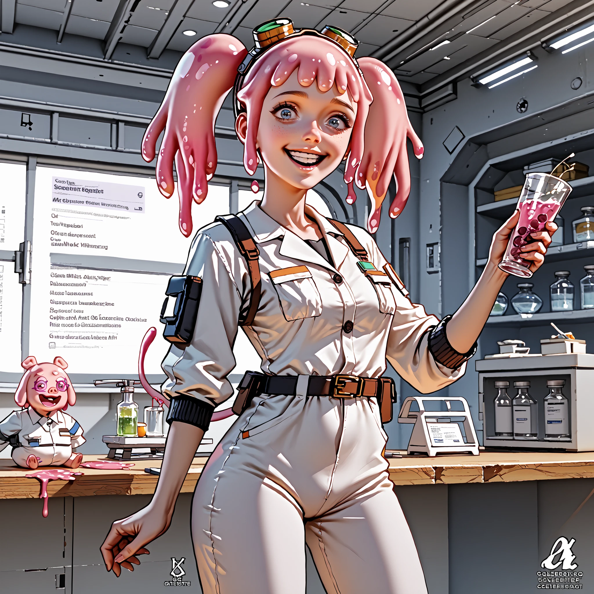 score_9, score_8_up, score_7_up, pink female slime alien (pink alien) , scientist, wear goggles, slime hair is in pig tails. Short, slim thicc. (She has a smile because she is excited about an upcoming experiment) (wearing a jump suit)
She is in her laboratory in her space craft, working on a new teleport device, and is excited about her results.