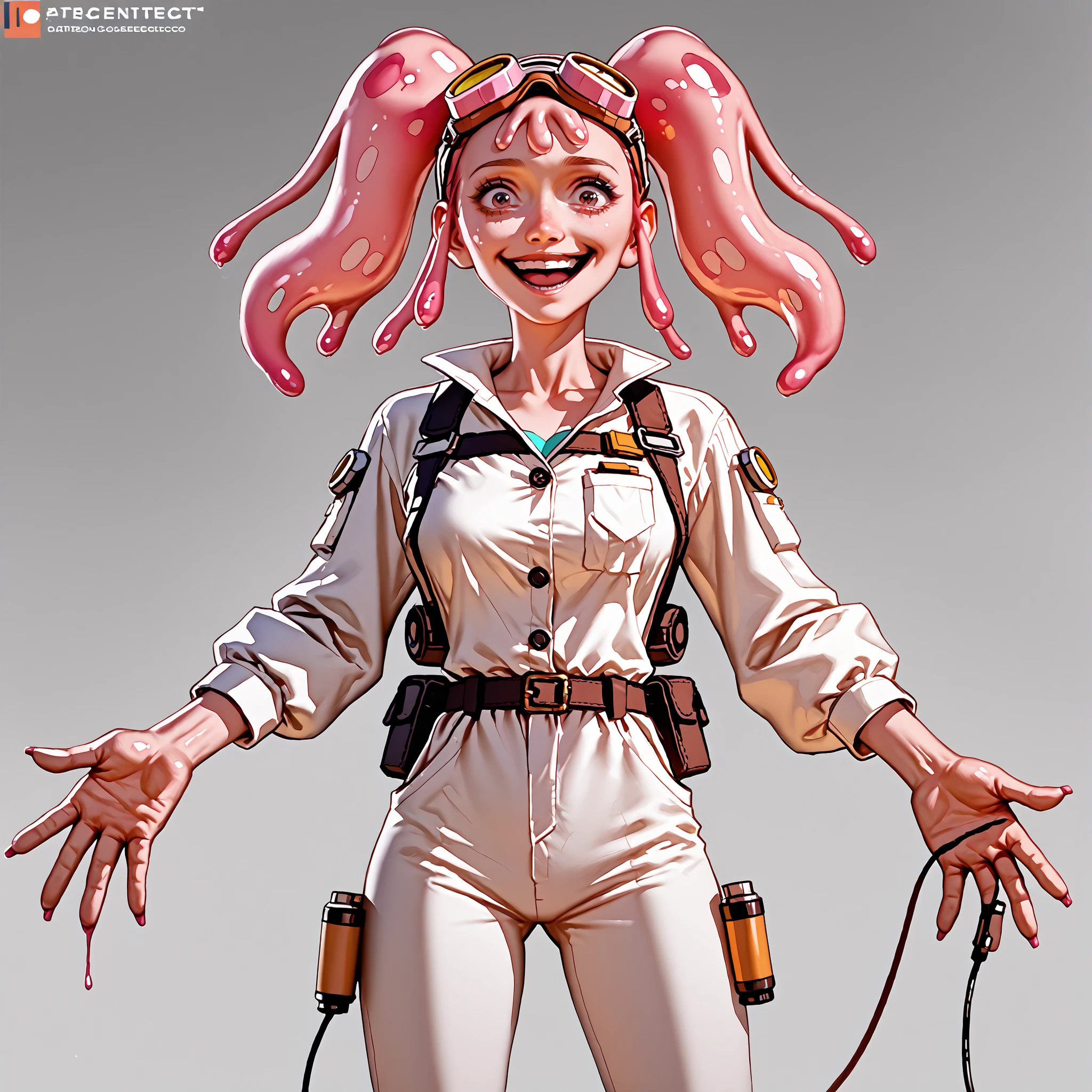 score_9, score_8_up, score_7_up, pink female slime alien (pink alien) , scientist, wear goggles, slime hair is in pig tails. Short, slim thicc. (She has a smile because she is excited about an upcoming experiment) (wearing a jump suit)
She is in her laboratory in her space craft, working on a new teleport device, and is excited about her results.
