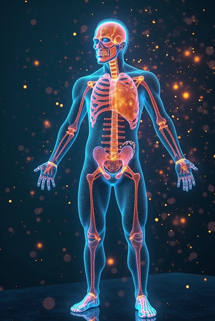 ai generated human body, graphical, highlighting brain, heart, liver and joints, in bright yellow, no text, dark blue background,