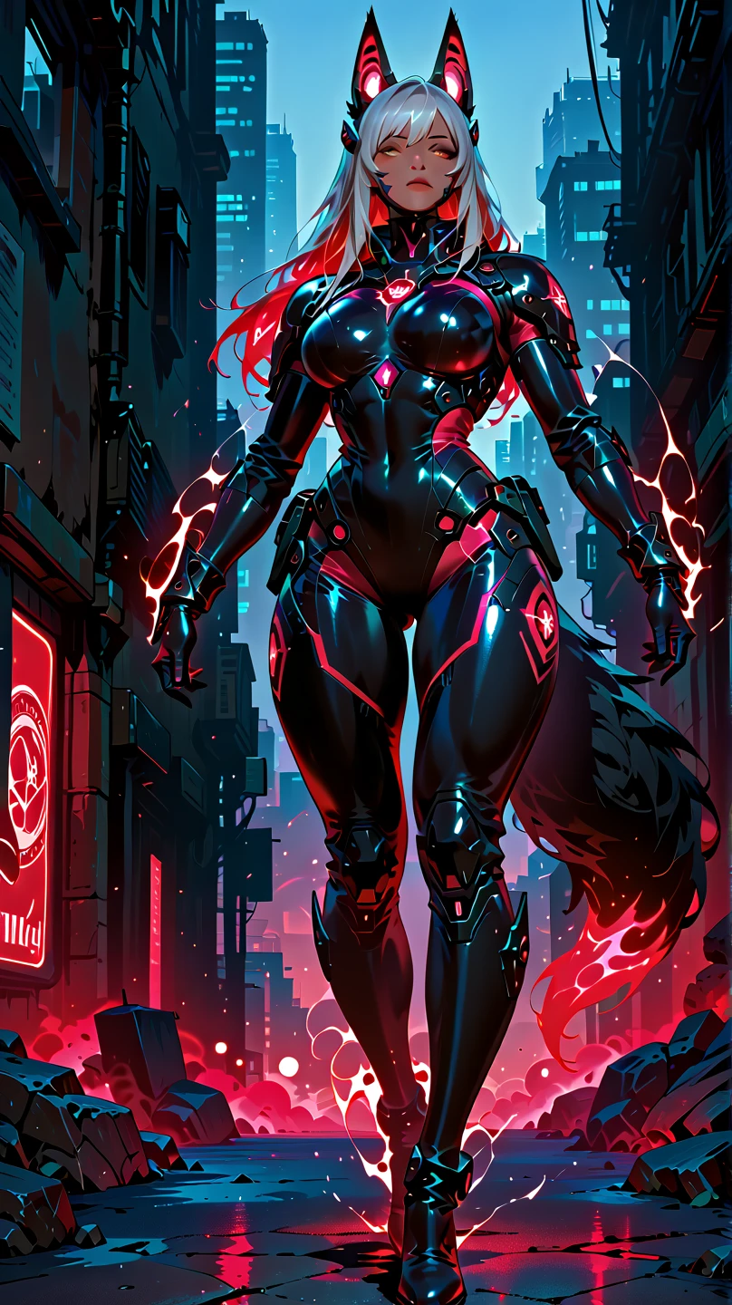 cyborg warrior girl in an attacking pose View from below, angle from below, flat horizon photo, Girl android , she has long red hair, she has a mask on her face, a respirator, a woman with sexy hips, half cyborg, technological modifications. Beautiful face, black metal cybernetic android robot body in black color, Large, wide hips, suit with red indicator lines with many red details, cybernetic armor with a red glow from under the joints and joints, she has blue eyes , frame with a flat horizon, Anime Style Photography , Red Lasers, black background Cyberpunk style, the camera films Her from below, lower angle of photography, black background image of a night black city and red neon lights, red lamps, red lighting, red flashes in the background