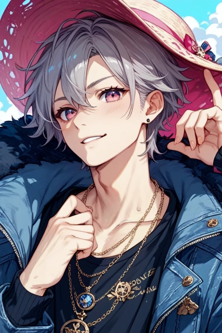 (masterpiece), Highest quality, Ultra-high resolution,male、Silver colored hair、Short Hair、Silver colored eyes、Black clothing、summer、Ocean、firework、cool、smile、Offer your hand