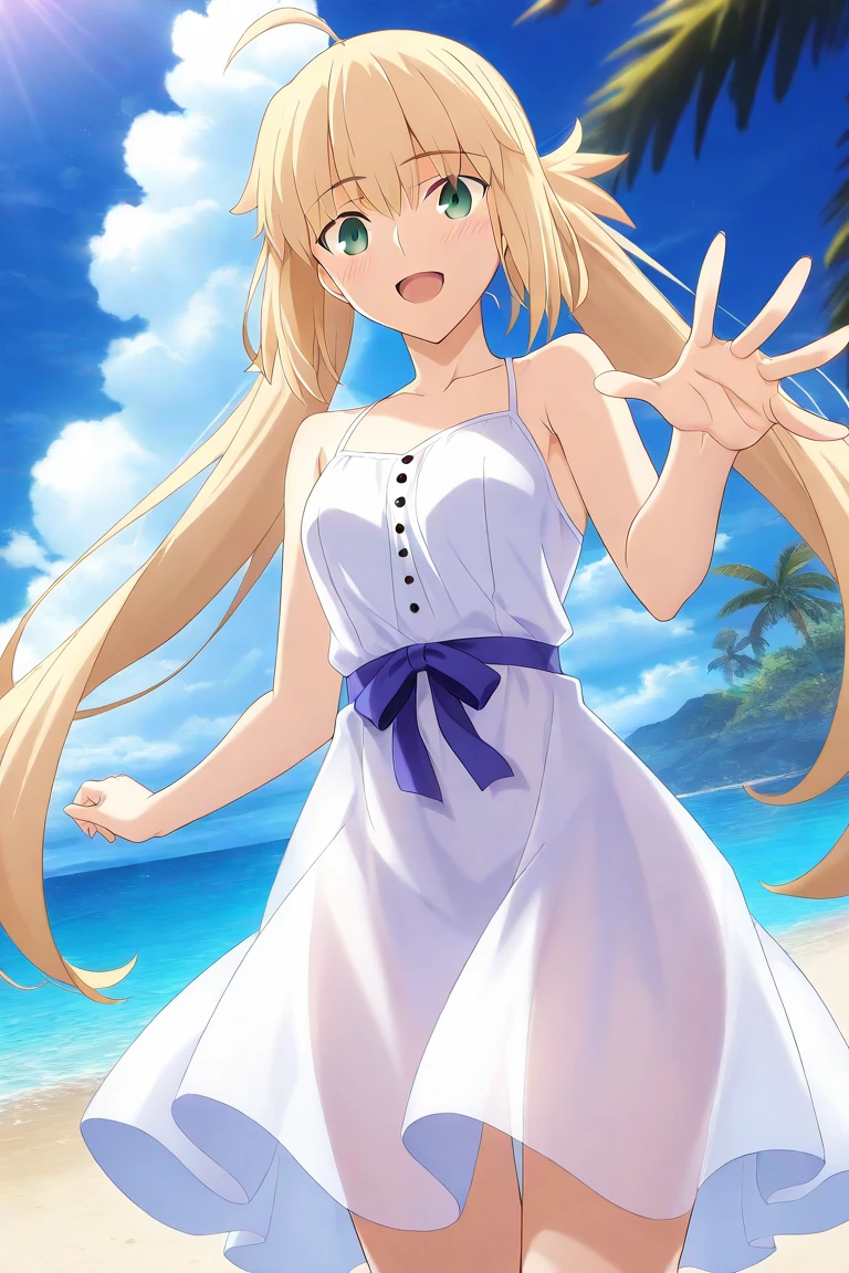 Best Quality, (Masterpiece:1.2), Very detailed, day, outdoor, (beautiful and clear background:1.2), 1 girl, Alone, latifa fleuranza, Open mouth, happy, SMILE, looking at the viewer, by rubio, wide, very wide, Blue eyes, (Beautiful finely detailed eyes: 1.2), (tiara), ((theme park)), (boat ride, bathrooms, wet, pond, water, water fall, water splash, PLANTS, tree, Internal), wet body, flat chest, little,, (white bikini, White Lace Bikini), camel toe, lie down,