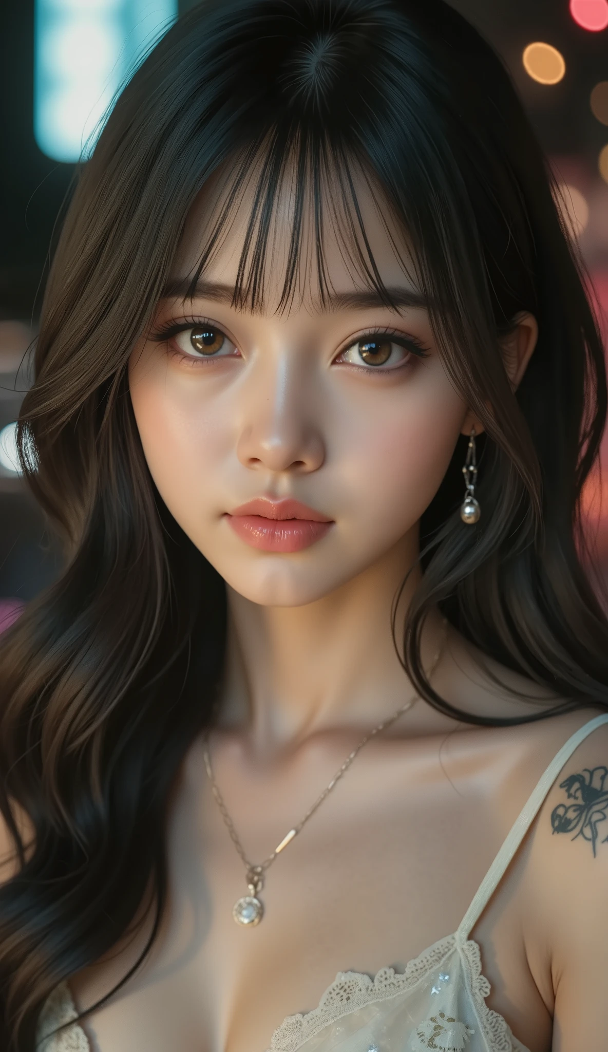 high resolution, very detailed, very realistic, high contrast, perfect good anatomy, symmetrical soft shinning large hazel eyes, robotic gynoid as a korean mixed race idol, dark-vibrant asymmetric wavy long hair, tattoo on the shoulder, very girly, smile, perfect face no blemish, detailed skin, detailed colors, miyazaki's style, very distinctive face, expressive look, short dimples, skinny, perfect anatomy, detailed skin, detailed textures, sepia, pink, rose, teal, sunset, distinctive face, perfect anatomy, deep background, Pin-up poster art style of Drew Struzan (sergio toppi: 0.3), (humberto ramos: 1.3), (david mack: 0.4),