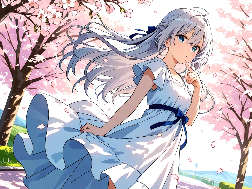 A girl standing on a street with cherry blossoms in full bloom - SeaArt AI
